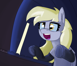 Size: 3000x2547 | Tagged: safe, alternate version, artist:aubs, derpibooru import, derpy hooves, pegasus, pony, g4, clothes, computer, newbie artist training grounds, socks, solo