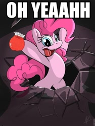 Size: 480x640 | Tagged: safe, artist:secoh2000, derpibooru import, edit, pinkie pie, pony, g4, 2012, belly, bipedal, caption, female, ice, ice cube, image macro, mare, meme, old art, open mouth, roflbot, text, watermark