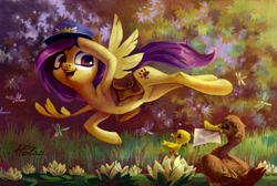 Size: 1753x1181 | Tagged: safe, artist:holivi, derpibooru import, oc, oc only, bird, dragonfly, duck, insect, pegasus, pony, animal, armpits, bag, complex background, digital art, female, flying, forest, letter, lilypad, mare, nature, not fluttershy, open mouth, postman's hat, saddle bag, scenery, smiling, solo, spread wings, tree, waving, wings