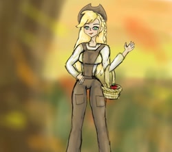 Size: 900x800 | Tagged: safe, artist:darklight402, derpibooru import, applejack, human, g4, apple, applejack day, applejack's hat, autumn, basket, clothes, country applejack, cowboy hat, food, hat, humanized, overalls, pretty