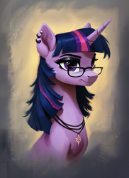 Size: 2048x2816 | Tagged: source needed, safe, ai content, derpibooru import, machine learning generated, twilight sparkle, unicorn twilight, pony, unicorn, bust, ear piercing, earring, female, glasses, horn, jewelry, mare, piercing, prompter needed, smiling, three quarter view