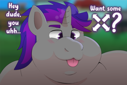 Size: 2700x1800 | Tagged: safe, artist:brushwork, derpibooru import, oc, oc only, oc:lexington, pony, unicorn, blushing, bust, chubby cheeks, commission, fat, horn, male, portrait, solo, tongue, tongue out, ych result