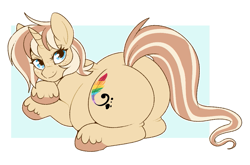 Size: 941x621 | Tagged: safe, artist:lulubell, derpibooru import, oc, oc only, oc:lulubell, pony, unicorn, butt, chubby, cute, female, freckles, horn, large butt, looking at you, looking back, mare, ocbetes, plot, smiling, smiling at you, solo, unshorn fetlocks