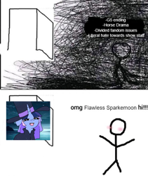 Size: 1718x2037 | Tagged: safe, artist:tamers12345, derpibooru import, oc, oc:flawless sparklemoon, unicorn, 2 panel comic, blushing, comic, drama, fandom, fusion, fusion:trixie, fusion:twilight sparkle, fusion:twixie, hat, horn, laughing, meme, meta, my little pony the movie: the death of twilight sparkle, omg hi, stick figure