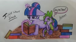 Size: 3911x2209 | Tagged: safe, artist:mashee, derpibooru import, spike, twilight sparkle, unicorn twilight, dragon, pony, unicorn, g4, book, bored, colored, crayon, crayon drawing, disappointed, duo, duo male and female, ears, ears back, female, floor, floppy ears, glowing, glowing horn, horn, learning, levitation, lineart, looking down, looking up, lying down, magic, male, pencil drawing, photo, reading, serious, serious face, sitting, studying, telekinesis, traditional art