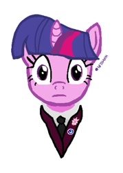 Size: 330x460 | Tagged: safe, derpibooru import, twilight sparkle, unicorn twilight, unicorn, bust, clothes, cutie mark, eyes open, horn, mlp fim's fourteenth anniversary, ms paint, necktie, simple background, solo, stare, suit, wide eyes