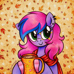 Size: 2792x2792 | Tagged: safe, artist:dariarchangel, derpibooru import, oc, oc only, earth pony, g4, abstract background, adorable face, autumn, autumn leaves, blushing, bust, c:, chocolate, clothes, colored hooves, commission, cozy, cute, cute face, cute smile, ear piercing, earring, earth pony oc, female, food, green eyes, hoof hold, hooves, hot chocolate, jewelry, leaves, maple leaf, mare, mug, ocbetes, patterned background, piercing, pink hair, pink mane, portrait, pretty, purple coat, scarf, smiling, solo, stars, sweet dreams fuel, traditional art, two toned hair, two toned mane