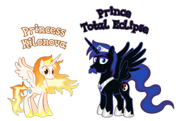 Size: 6677x4532 | Tagged: safe, anonymous artist, derpibooru import, oc, oc only, oc:prince total eclipse, oc:princess kilonova, alicorn, pony, g4, absurd resolution, alicorn oc, closed mouth, cousins, crown, eyebrows, eyelashes, eyes open, facial hair, family, female, hoof shoes, horn, jewelry, looking, looking at you, looking back, looking back at you, male, mare, name, nostrils, offspring, parent:oc:prince magnetar superstar, parent:oc:prince umbra shadowmoon, parent:oc:princess pulsar superstar, parent:oc:princess umbra bloodmoon, parents:superstarcest, parents:umbracest, prince, princess, product of incest, regalia, royalty, show accurate, simple background, smiling, smiling at you, spread wings, stallion, text, transparent background, vector, wall of tags, wings