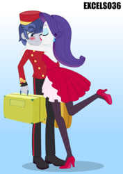 Size: 661x935 | Tagged: safe, artist:excelso36, rarity, welcome inn, human, equestria girls, bellhop, clothes, duo, duo male and female, female, gradient background, male, suitcase