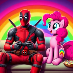 Size: 1024x1024 | Tagged: safe, ai content, derpibooru import, machine learning generated, pinkie pie, earth pony, human, g4, controller, deadpool, female, male, marvel, pansexual, prompter:bluey2309, rainbow, video game, wrong cutie mark