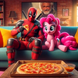 Size: 1024x1024 | Tagged: safe, ai content, derpibooru import, machine learning generated, pinkie pie, earth pony, human, g4, deadpool, female, food, male, marvel, pizza, prompter:bluey2309, wrong cutie mark