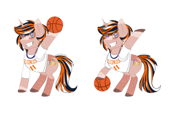 Size: 7014x4962 | Tagged: safe, artist:faithstar1121, derpibooru import, oc, oc only, oc:brass scribe, unicorn, alternate color palette, basketball, clothes, dee brown, fighting illini, horn, illinois, jersey, multicolored hair, ncaa, simple background, solo, sports, transparent background, university of illinois