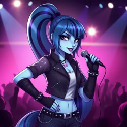 Size: 1024x1024 | Tagged: safe, ai content, derpibooru import, machine learning generated, sonata dusk, equestria girls, g4, clothes, denim, female, generator:google imagen 3.0, hand on hip, indoors, jacket, jeans, leather, leather jacket, long hair, microphone, midriff, pants, prompter:zerowinger, singing, smiling, solo, studded belt, studded bracelet