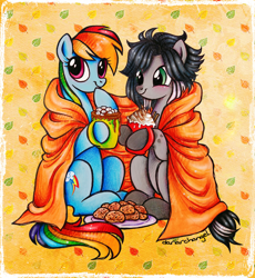 Size: 2492x2704 | Tagged: safe, artist:dariarchangel, derpibooru import, rainbow dash, oc, pegasus, pony, g4, abstract background, blanket, blue coat, chocolate, chocolate chip cookie, coat markings, commission, cookie, covered wings, cozy, cute, daaaaaaaaaaaw, dashabetes, duo, duo female, female, female oc, food, gray coat, green eyes, hoof hold, hot chocolate, looking at someone, looking up, mare, marshmallow, mug, multicolored hair, patterned background, pegasus oc, plate, platonic, pony oc, rainbow hair, rainbow tail, short hair, short mane, short tail, sitting, smiling, sweet dreams fuel, tail, under blanket, weapons-grade cute, whipped cream