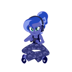 Size: 1280x1280 | Tagged: safe, artist:dazzle, derpibooru import, princess luna, vice principal luna, equestria girls, g4, blue eyeshadow, clothes, controller, eyeshadow, female, gamer luna, hair bun, headphones, lips, makeup, pajamas, pony coloring, shoulderless, simple background, slippers, solo, tanktop, transparent background