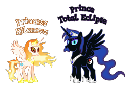 Size: 6677x4532 | Tagged: safe, anonymous artist, derpibooru import, oc, oc only, oc:prince total eclipse, oc:princess kilonova, alicorn, pony, g4, absurd resolution, alicorn oc, closed mouth, cousins, crown, duo, duo male and female, evil eyes, eyebrows, eyelashes, eyes open, facial hair, family, female, hoof shoes, horn, jewelry, looking, looking at you, looking back, looking back at you, male, mare, name, nostrils, offspring, parent:oc:prince magnetar superstar, parent:oc:prince umbra shadowmoon, parent:oc:princess pulsar superstar, parent:oc:princess umbra bloodmoon, parents:superstarcest, parents:umbracest, prince, princess, product of incest, regalia, royalty, show accurate, simple background, smiling, smiling at you, spread wings, stallion, text, transparent background, vector, wall of tags, wings