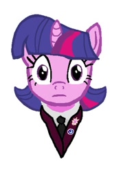 Size: 330x460 | Tagged: safe, artist:1611volk, derpibooru import, twilight sparkle, unicorn twilight, unicorn, g4, alternate hairstyle, businessmare, bust, clothes, cutie mark on clothes, eyes open, horn, mlp fim's fourteenth anniversary, ms paint, necktie, simple background, solo, stare, suit, white background, wide eyes