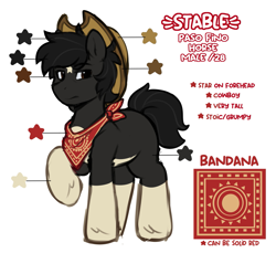 Size: 2219x2034 | Tagged: safe, artist:stablegrass, derpibooru import, oc, oc only, oc:stable, earth pony, pony, bandana, coat markings, colored belly, colored hooves, cowboy hat, earth pony oc, frown, hat, hooves, male, reference sheet, simple background, solo, stallion, star mark, stars, white background