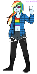 Size: 1480x2928 | Tagged: safe, artist:hayley566, derpibooru import, rainbow dash, equestria girls, g4, '90s, :p, belly, belly button, boots, clothes, commission, female, flannel, midriff, one eye closed, shoes, shorts, simple background, socks, solo, sports bra, stockings, thigh highs, tongue, tongue out, torn clothes, transparent background, wink