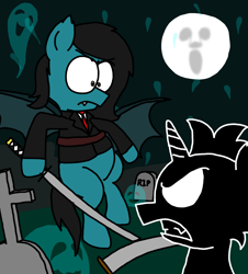 Size: 3023x3351 | Tagged: oc name needed, safe, artist:professorventurer, derpibooru import, bat pony, unicorn, face, fight, full moon, graveyard, halloween, holiday, horn, katana, man in the moon, moon, requested art, scythe, soul, sword, weapon