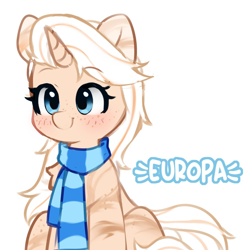 Size: 1000x1000 | Tagged: safe, artist:stablegrass, derpibooru import, oc, oc only, oc:europa, pony, unicorn, clothes, female, freckles, horn, mare, scarf, simple background, smiling, solo, striped scarf, unicorn oc, white background