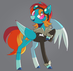 Size: 1488x1453 | Tagged: safe, artist:sillyp0ne, derpibooru import, rainbow dash, oc, pegasus, pony, g4, alternate cutie mark, alternate design, alternate hairstyle, alternate mane color, alternate tail color, big eyes, blue coat, blue wingtips, bomber jacket, chipped tooth, clothes, coat markings, colored hooves, colored pinnae, colored wings, colored wingtips, eye clipping through hair, eyebrows, eyebrows visible through hair, eyelashes, facial markings, female, goggles, goggles on head, gray background, head turn, hooves, jacket, long legs, looking away, mare, no pupils, one wing out, open mouth, open smile, pegasus oc, pink eyes, redesign, short hair rainbow dash, short mane, signature, simple background, smiling, snip (coat marking), socks (coat marking), solo, spread wings, standing on three hooves, tallerdash, thin legs, three quarter view, three toned mane, three toned tail, two toned wings, wings