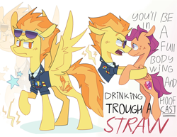 Size: 2048x1581 | Tagged: safe, artist:volchok, derpibooru import, scootaloo, spitfire, pegasus, pony, g4, clothes, don't dead open inside, duo, duo female, female, filly, foal, lightning, mare, military uniform, misspelling, screaming, stars, sunglasses, sweat, uniform, wonderbolts dress uniform, yelling, zoom layer