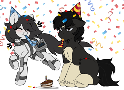 Size: 3140x2296 | Tagged: safe, artist:stablegrass, derpibooru import, oc, oc only, oc:milly, oc:stable, earth pony, pony, birthday, birthday cake, blushing, cake, candle, chest fluff, choker, coat markings, colored belly, colored hooves, confetti, duo, duo male and female, earth pony oc, emanata, exosuit, female, food, hat, heart monitor, hooves, male, mare, party hat, party horn, plate, sitting, smiling, stallion, star mark, stars