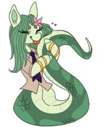 Size: 853x1030 | Tagged: safe, artist:frazy, derpibooru import, oc, oc only, oc:lamey, lamia, original species, snake, snake pony, :p, bracelet, clothes, eyes closed, female, flower, flower in hair, forked tongue, gold bracelet, hug, jewelry, long hair, mare, necktie, simple background, snakepony, solo, tongue, tongue out, transparent background