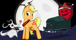 Size: 2226x1156 | Tagged: safe, artist:sallycars, derpibooru import, applejack, dog, earth pony, ghost, pony, undead, g4, antlers, coffin, crossover, female, food, full moon, ghost dog, horse collar, mare, moon, reindeer antlers, sleigh, strawberry, the nightmare before christmas, zero (the nightmare before christmas)