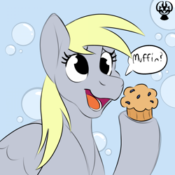 Size: 1920x1920 | Tagged: safe, artist:vendette, derpibooru import, derpy hooves, pegasus, pony, g4, bubble, bubble background, bust, cute, derpabetes, female, food, mare, muffin, no iris, offering, open mouth, open smile, portrait, smiling, speech bubble