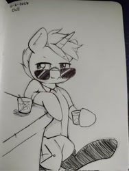 Size: 1538x2048 | Tagged: safe, artist:taurson, derpibooru import, oc, oc only, oc:coffee, pony, unicorn, glass, grayscale, hoof hold, horn, magnetic hooves, male, monochrome, oc-tober, pen drawing, stallion, sunglasses, traditional art