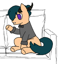 Size: 310x330 | Tagged: safe, artist:sha, derpibooru import, oc, oc only, oc:jackson, earth pony, pony, bowtie, clothes, green hair, horn, male, purple eyes, sitting, sketch, sofa, solo, talking