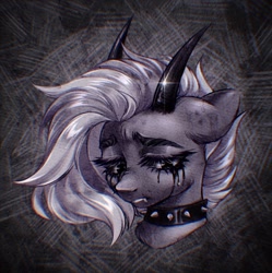 Size: 1280x1287 | Tagged: safe, artist:seurnik, derpibooru import, oc, oc only, pony, abstract background, chalkboard, choker, commission, crying, digital art, ears back, fangs, head, horns, long eyelashes, monochrome, sad, short mane, solo