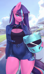 Size: 2239x3760 | Tagged: source needed, safe, artist:u_lu_lu, derpibooru import, oc, oc only, oc:serenity pond, anthro, earth pony, boob window, breasts, cleavage, clothes, cloud, eye clipping through hair, eyebrows, eyebrows visible through hair, female, helmet, jacket, long hair, looking at you, multiple variants, open clothes, open jacket, race track, shorts, solo, wide hips