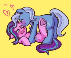 Size: 1280x1032 | Tagged: safe, artist:zigmeow, derpibooru import, starlight glimmer, trixie, pony, unicorn, g4, blushing, butt, duo, duo female, female, horn, lesbian, looking at each other, looking at someone, lying down, mare, on back, plot, shipping, simple background, startrix, yellow background