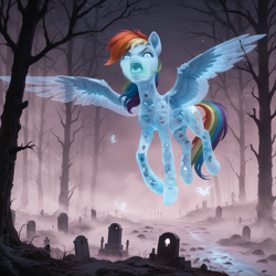 Size: 2432x2432 | Tagged: safe, ai content, derpibooru import, generator:pony diffusion v6 xl, generator:stable diffusion, machine learning generated, rainbow dash, ghost, ghost pony, pegasus, undead, series:monsters of the everfree forest, g4, concave belly, dead, female, fog, forest, gravestone, nature, night, open mouth, outdoors, prompter:star-dragon, slender, solo, spirit, spread wings, thin, tree, wings