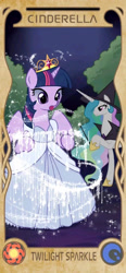 Size: 960x2077 | Tagged: source needed, safe, artist:apzzang, derpibooru import, princess celestia, twilight sparkle, twilight sparkle (alicorn), alicorn, pony, g4, cinderella, clothes, crown, cute, disney style, dress, duo, duo female, female, hat, jewelry, night, regalia, spread wings, tree, wings