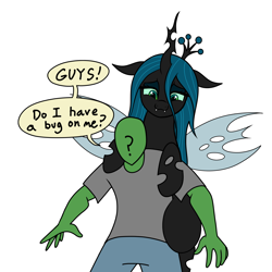 Size: 2000x1999 | Tagged: safe, artist:vomitvomiting, derpibooru import, queen chrysalis, oc, oc:anon, changeling, human, pony, g4, drawthread, duo, hellboy, mothman, ponified, requested art, simple background, species swap, speech bubble, white background