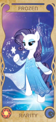 Size: 960x2077 | Tagged: source needed, safe, artist:apzzang, derpibooru import, rarity, pony, unicorn, g4, bipedal, castle, clothes, cute, disney style, dress, female, frozen (movie), horn, ice, mare, snow, solo