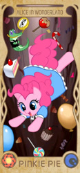 Size: 960x2077 | Tagged: source needed, safe, artist:apzzang, derpibooru import, gummy, pinkie pie, earth pony, pony, g4, alice in wonderland, balloon, cake, candy, clothes, cute, disney style, dress, falling, female, food, solo