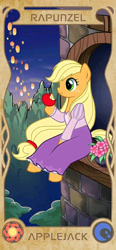 Size: 960x2077 | Tagged: source needed, safe, artist:apzzang, derpibooru import, applejack, pony, g4, apple, clothes, cute, disney style, dress, female, flower, food, light, rapunzel, sitting, solo, tower, tree