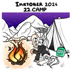 Size: 1000x1000 | Tagged: safe, artist:sunamoonmlp, derpibooru import, oc, oc only, alicorn, pony, g4, campfire, camping, cute, female, food, horn, inktober, inktober 2024, marshmallow, nature, solo, tent, wings