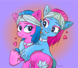 Size: 1800x1586 | Tagged: safe, artist:dacratei, derpibooru import, aloe, lotus blossom, earth pony, g4, aloebetes, cute, duo, duo female, female, gradient background, heart, lotusbetes, spa twins, spaww twins, unshorn fetlocks