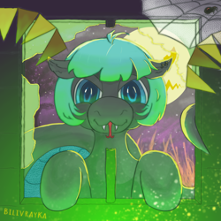 Size: 2500x2500 | Tagged: safe, artist:bilivrayka, derpibooru import, oc, oc only, oc:marigold blossom, lamia, original species, pony, snake, snake pony, blue eyes, fangs, female, halloween, holiday, looking at you, mare, moon, snake tail, solo, spider web, tail, tongue, tongue out