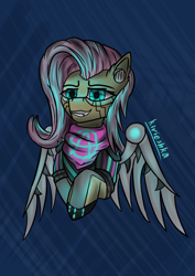 Size: 2480x3508 | Tagged: safe, artist:kirieshka, derpibooru import, fluttershy, pegasus, pony, g4, amputee, anarchy, artificial wings, augmented, blue eyes, breasts, cyberpunk, cyberpunk 2077, delicious flat chest, flattershy, headphones, implants, iron wings, mechanical wing, neon, prosthesis, prosthetic limb, prosthetics, small breasts, wings