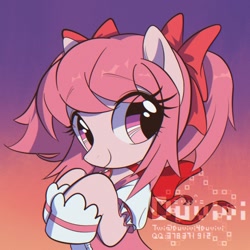 Size: 2000x2000 | Tagged: safe, artist:duvivi, derpibooru import, pony, anime, bow, clothes, cute, female, gradient background, hair bow, high res, madoka kaname, magical girl, mare, ponified, puella magi madoka magica, ribbon, smiling, solo, species swap