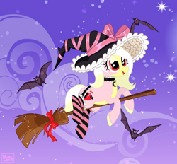 Size: 3000x2780 | Tagged: safe, artist:ghostpikachu, derpibooru exclusive, derpibooru import, oc, oc only, oc:carmen garcía, bat, earth pony, pony, g4, base used, bow, broom, clothes, cloud, cute, female, flying, flying broomstick, garter belt, hat, jewelry, mare, night, night sky, nightmare night, ocbetes, outdoors, sky, socks, stars, striped socks, witch, witch hat