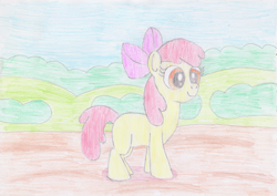 Size: 3491x2475 | Tagged: safe, artist:platinumdrop, derpibooru import, apple bloom, earth pony, pony, g4, colored pencil drawing, female, filly, foal, high res, outdoors, solo, traditional art