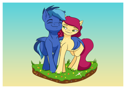 Size: 7016x4961 | Tagged: safe, artist:bluishdraft, derpibooru import, oc, oc only, oc:blueprint, oc:bubbles, earth pony, pegasus, pony, couple, duo, duo male and female, female, gradient background, male, mare